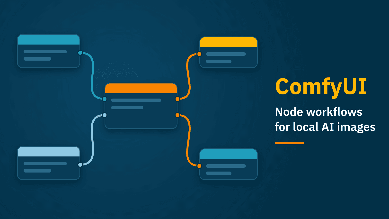Illustration of connected workflow nodes on a navy background with the title ComfyUI: Node workflows for local AI images