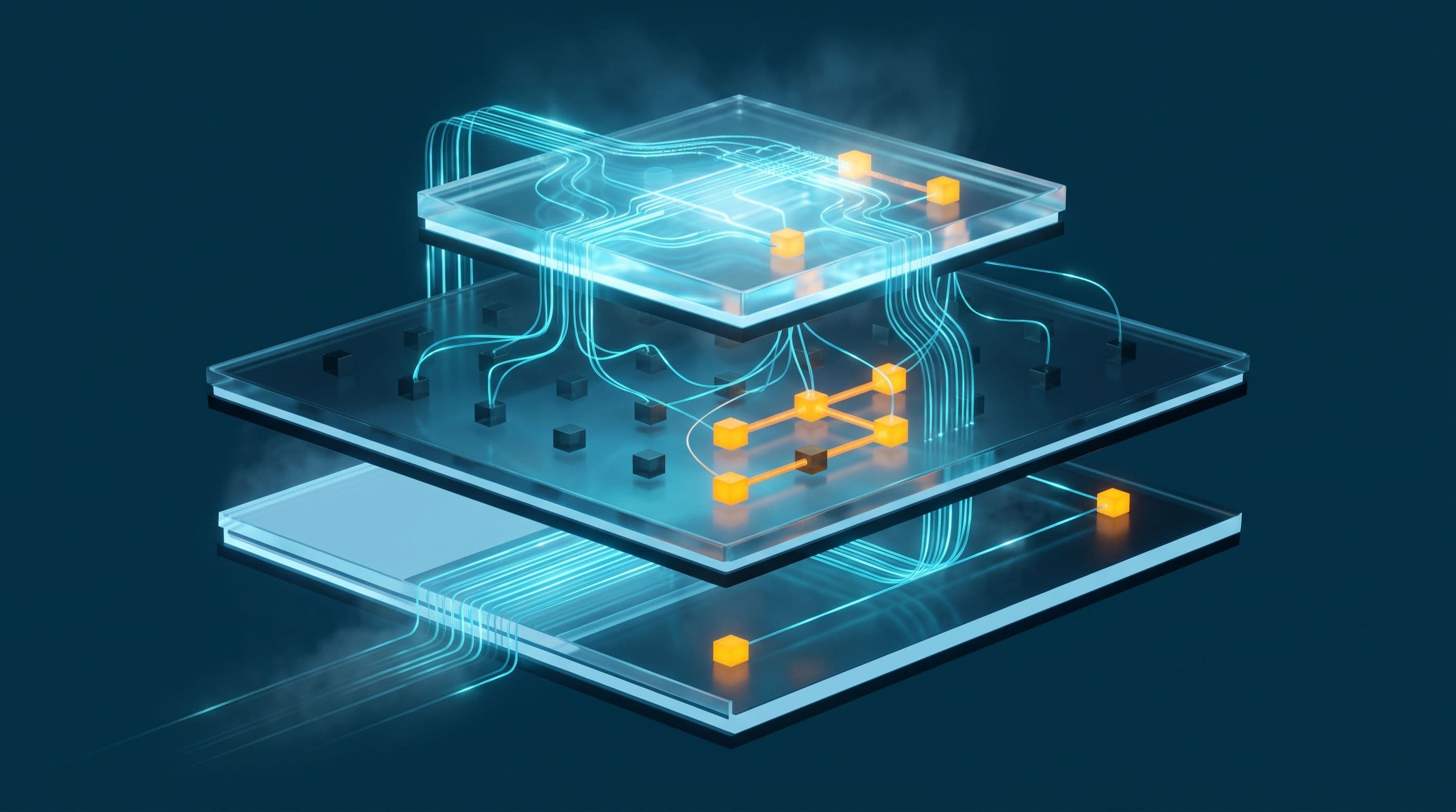 A 3D conceptual visualization of tiered, transparent glass computational layers set against a deep navy background, interconnected by glowing cyan data lines and illuminated amber geometric cubes representing active processing nodes.